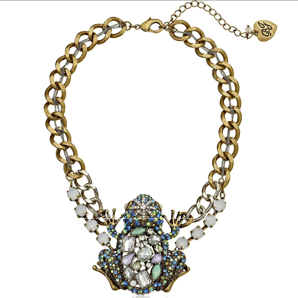 Betsey Johnson Rare Reptiles Crystal Crown Frog Statement Chain Necklace